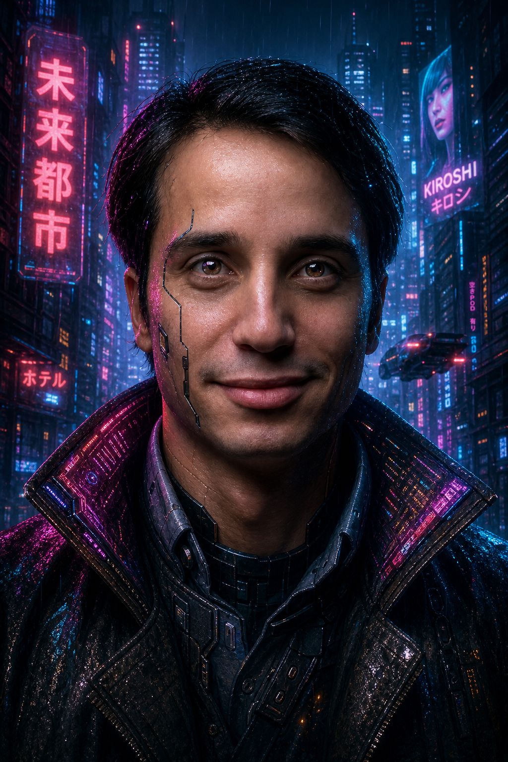 AI cyberpunk neon style photo transformation example